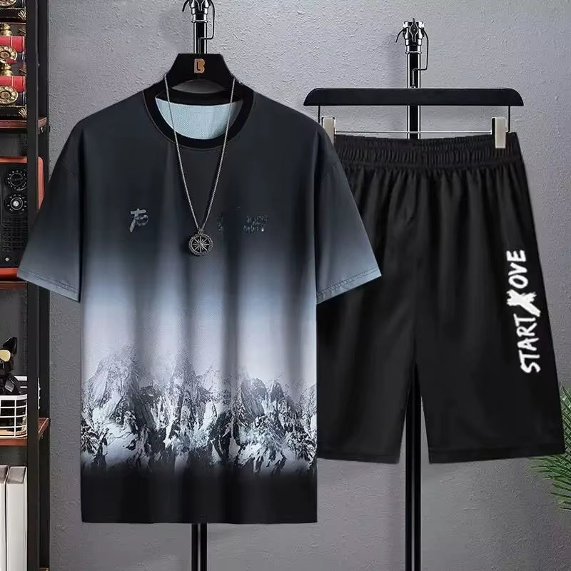 Summer Lightweight Ice Silk Gradient Set Men'S Short Sleeve T-Shirt Casual Shorts Sport Two-Piece Set Stylish Men'S Wear